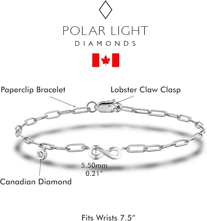 925 Sterling Silver 0.03 Ct Natural Canadian Diamond and Infinity Chain Paperclip Bracelet