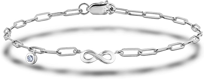 925 Sterling Silver 0.03 Ct Natural Canadian Diamond and Infinity Chain Paperclip Bracelet