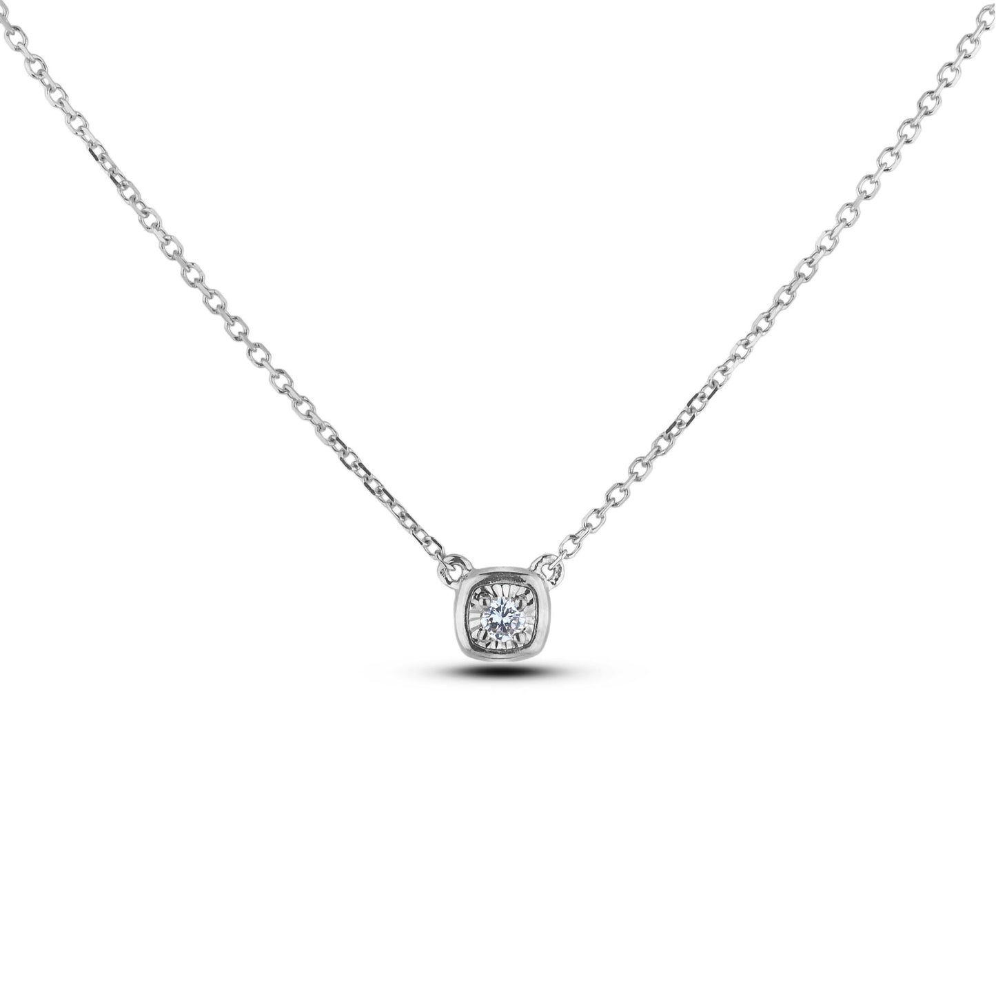Sterling silver necklace with bezel set cushion shaped Canadian diamond, miracle plated on a white background