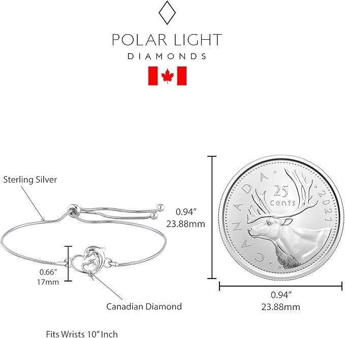 Sterling silver bolo bracelet with dolphin heart charm accented with Canadian diamonds next to a Canadian quarter coin for size comparison, featuring Polar Light Diamonds branding.