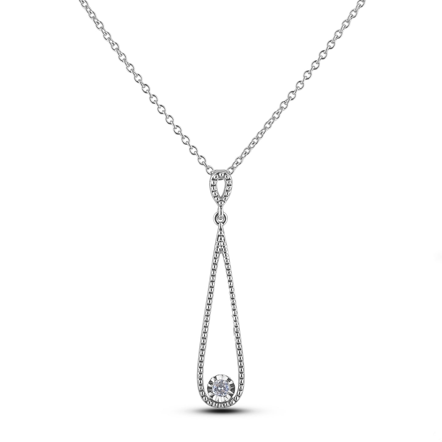 Silver milgrain detail teardrop-shaped pendant with canadian diamond in miracle setting on a white background