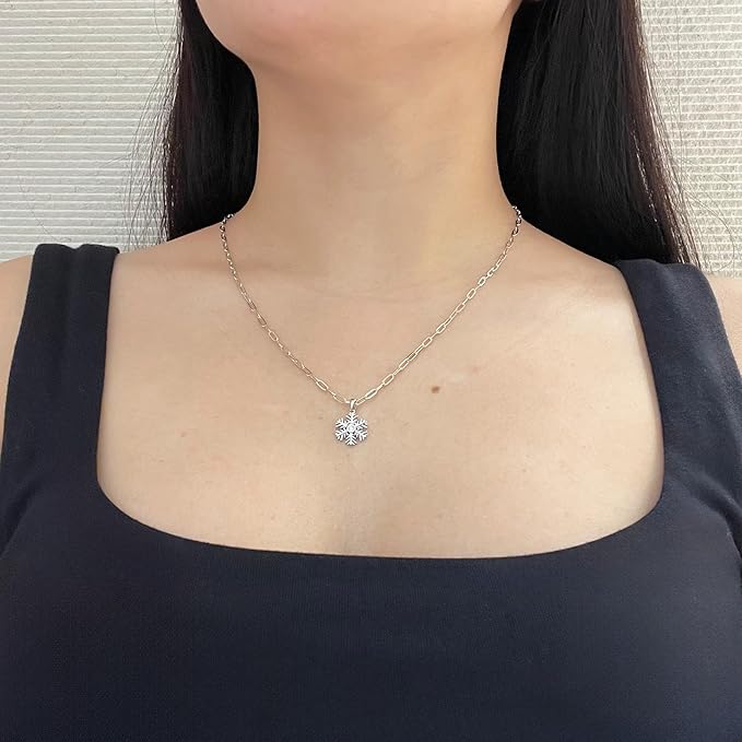 925 Sterling Silver 0.06 Ct Natural Canadian Diamond Snowflake Pendant and Chain