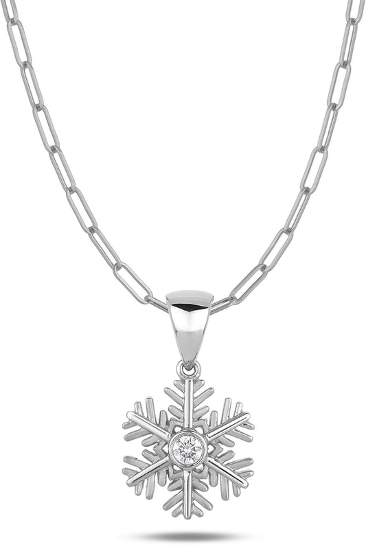 925 Sterling Silver 0.06 Ct Natural Canadian Diamond Snowflake Pendant and Chain