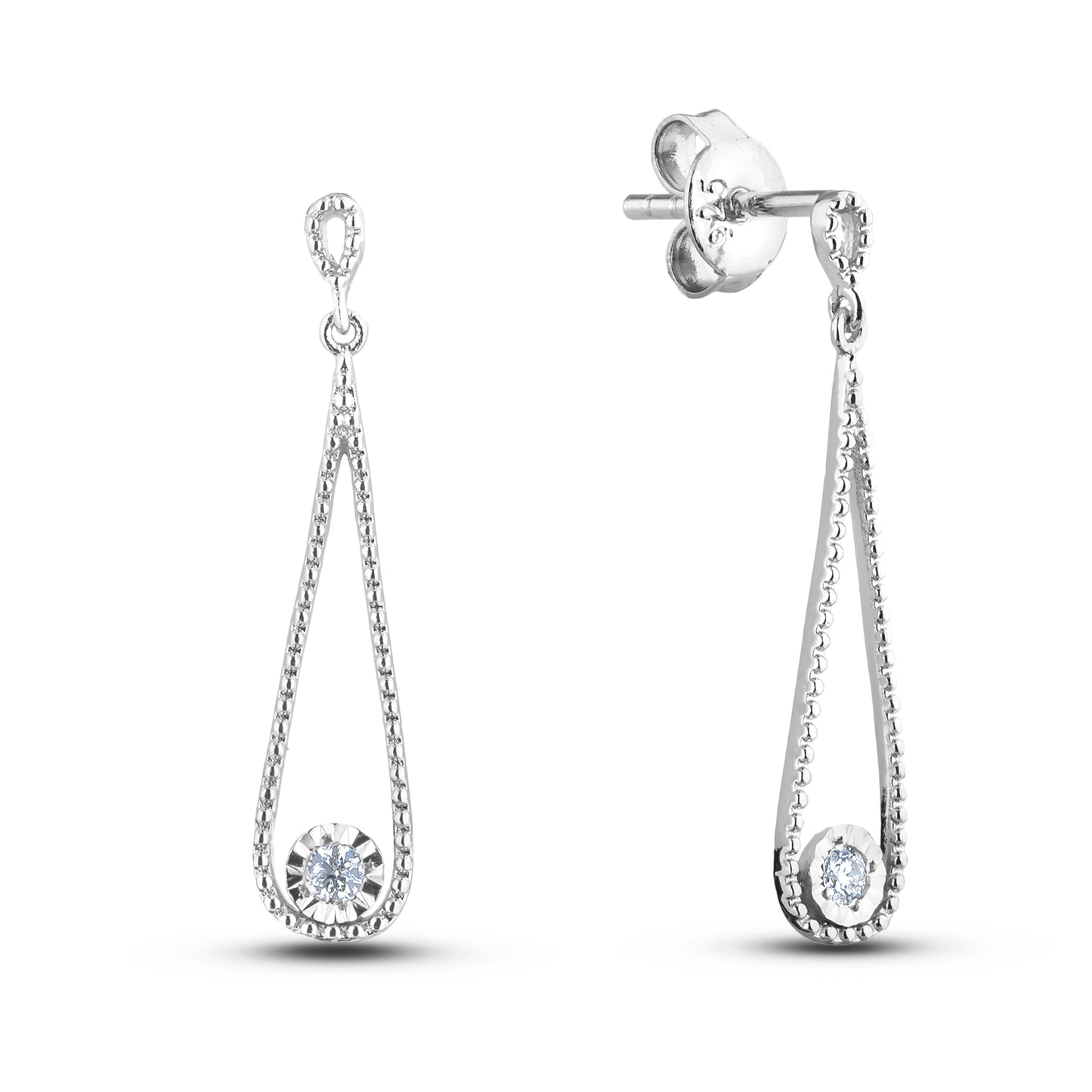 Pair of silver earrings with dangling teardrop designs and miracle setting solitaire Canadian diamonds, butterfly backings on a white background