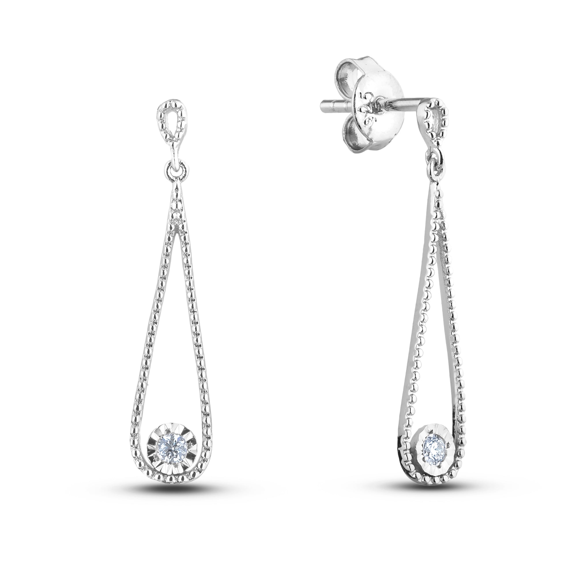Pair of silver earrings with dangling teardrop designs and miracle setting solitaire Canadian diamonds, butterfly backings on a white background