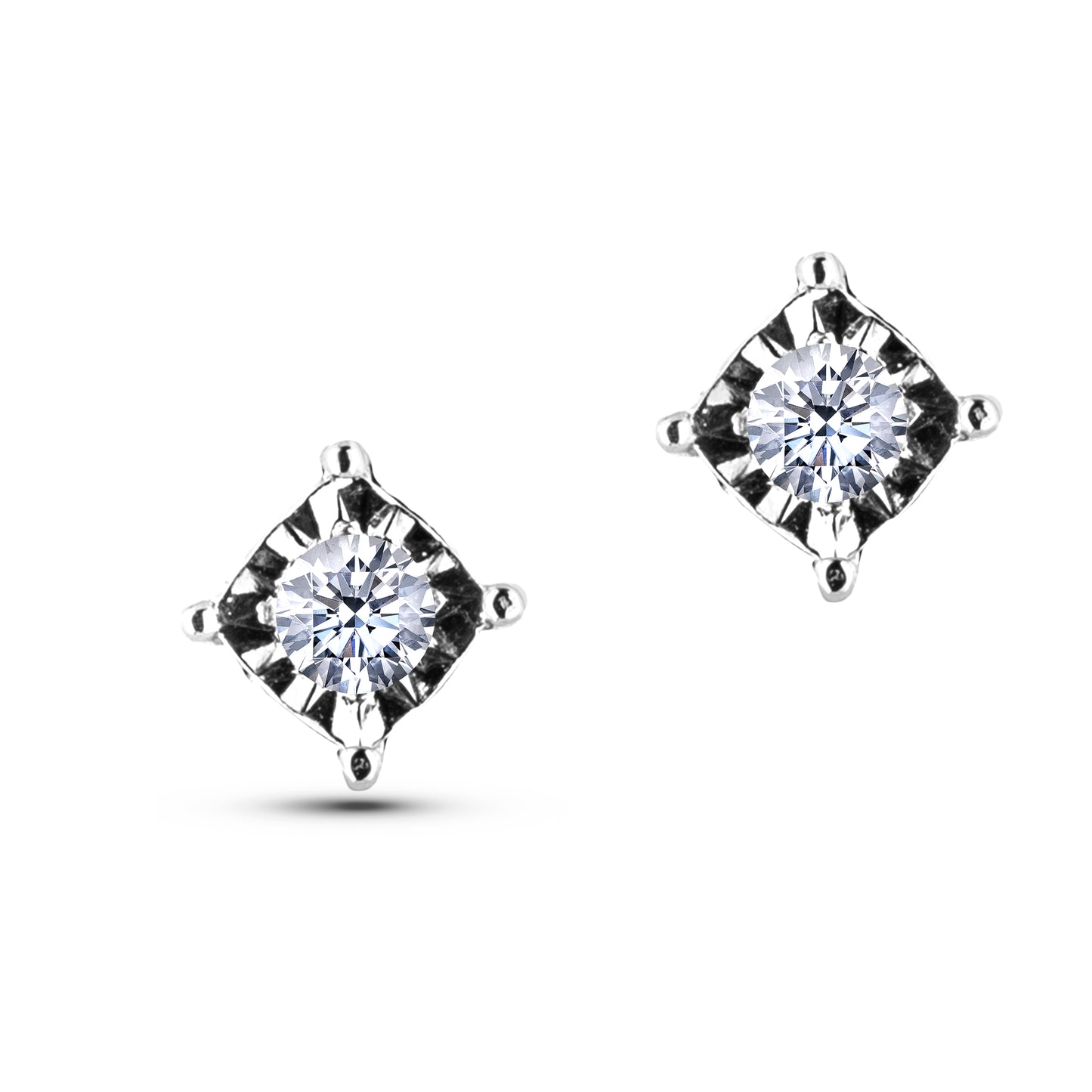 Pair of 925 sterling silver solitaire Canadian diamond stud earrings in reflective miracle settings, centered on a clean white background.