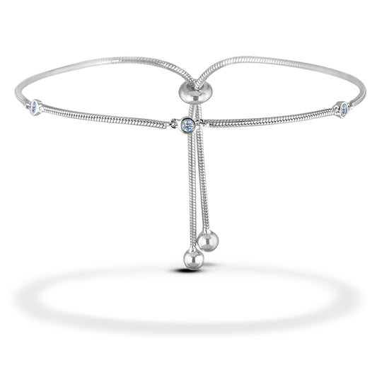 925 sterling silver adjustable bolo bracelet on a white background, featuring a trilogy design with three bezel-set Canadian diamonds. Bracelet features adjustable slide closure.