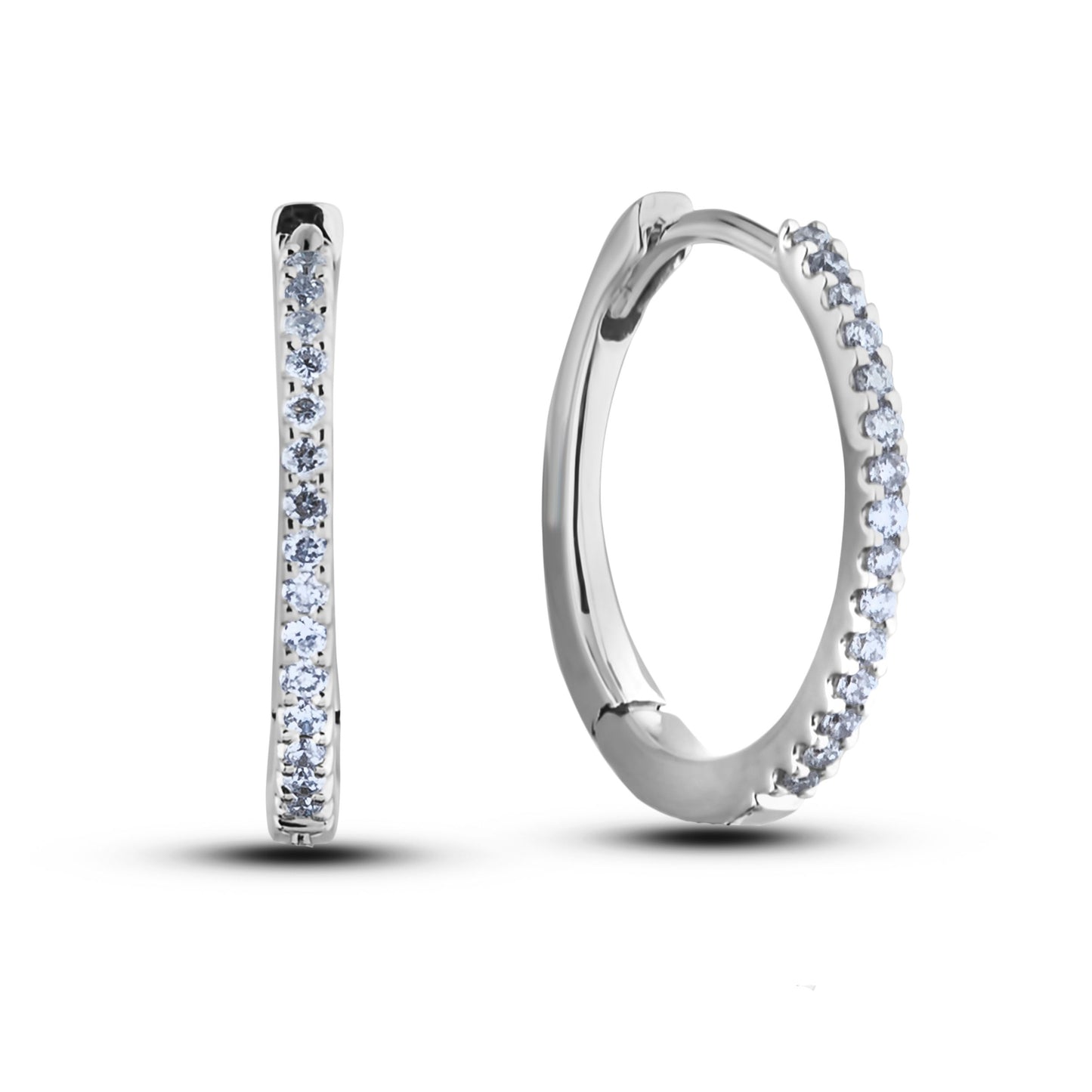 Pair of Canadian diamond 925 sterling silver hoop earrings with latch-back closure on a white background