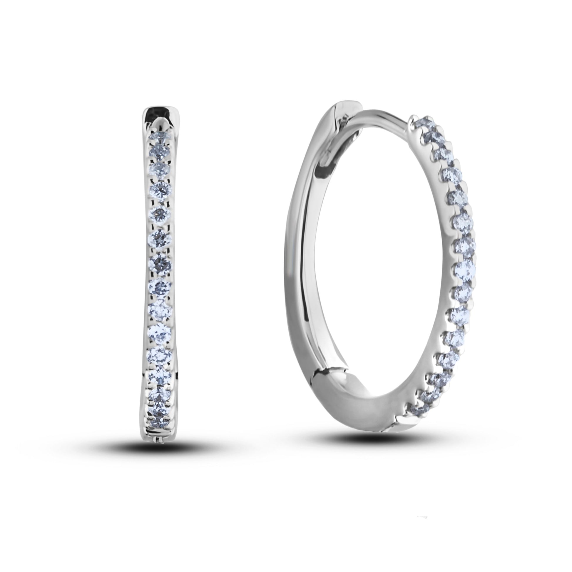Pair of Canadian diamond 925 sterling silver hoop earrings with latch-back closure on a white background