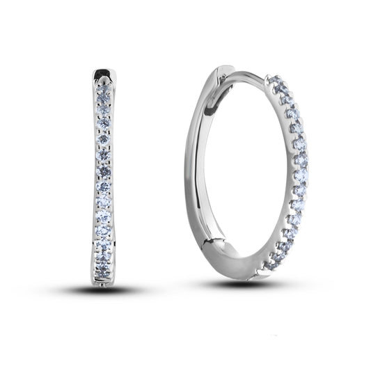 Pair of Canadian diamond 925 sterling silver hoop earrings with latch-back closure on a white background