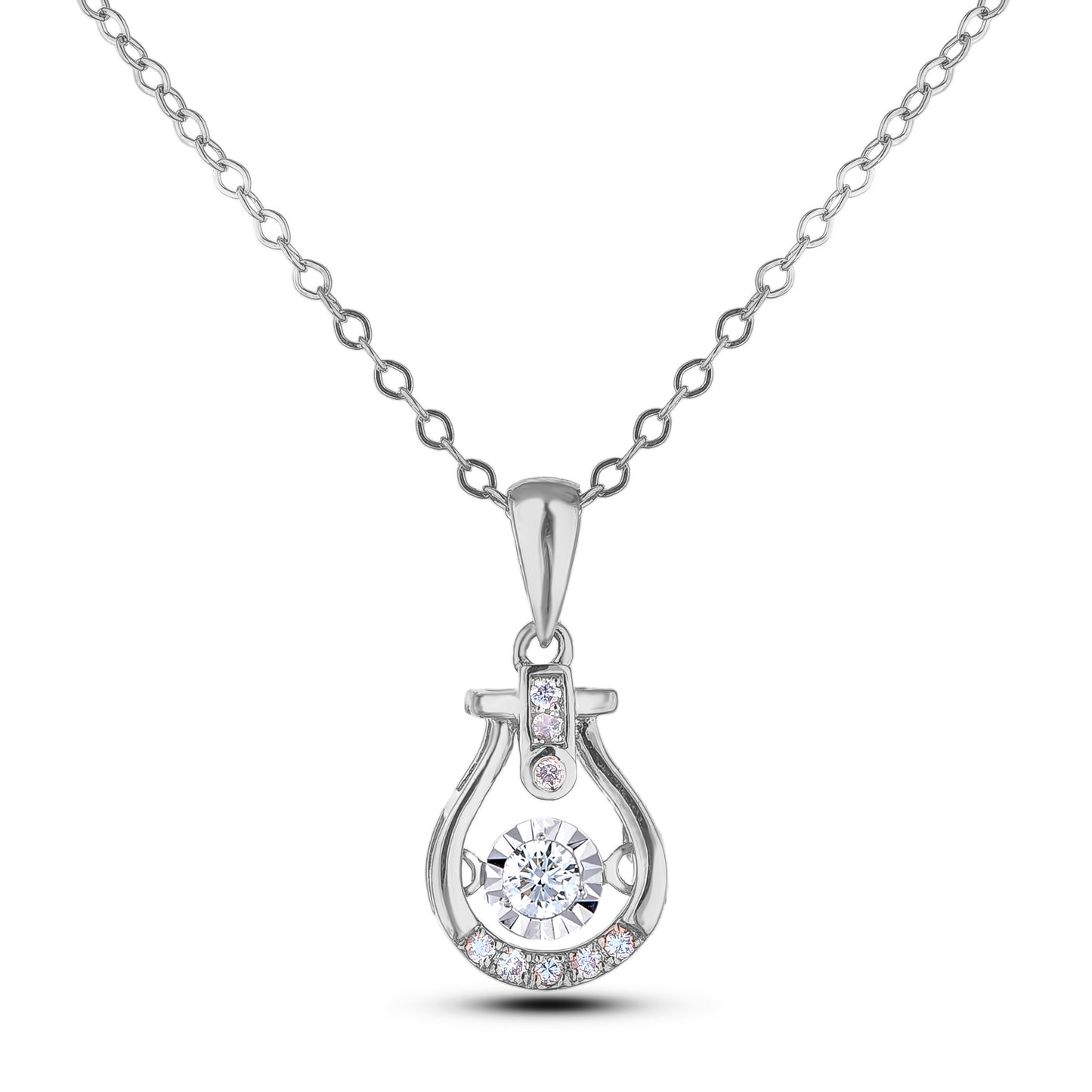 Sterling silver pendant featuring a contoured bell-shaped frame with a structured crossbar at the top. The center holds a dancing solitaire diamond in a miracle setting, accented by three vertical diamonds on the bale and a curved row of diamonds along the bottom edge.