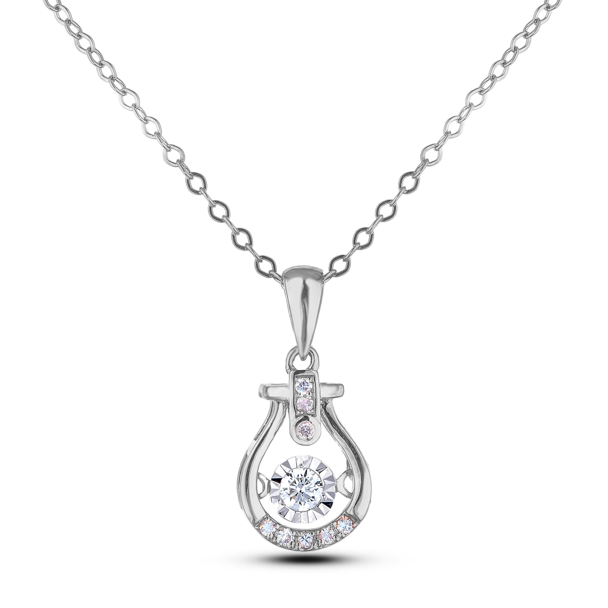 Sterling silver pendant featuring a contoured bell-shaped frame with a structured crossbar at the top. The center holds a dancing solitaire diamond in a miracle setting, accented by three vertical diamonds on the bale and a curved row of diamonds along the bottom edge.