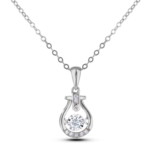 Sterling silver pendant featuring a contoured bell-shaped frame with a structured crossbar at the top. The center holds a dancing solitaire diamond in a miracle setting, accented by three vertical diamonds on the bale and a curved row of diamonds along the bottom edge.