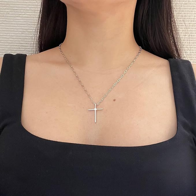 925 Sterling Silver 0.12 Ct Natural Canadian Diamond Solitaire Thin Cross Pendant & Paperclip Chain