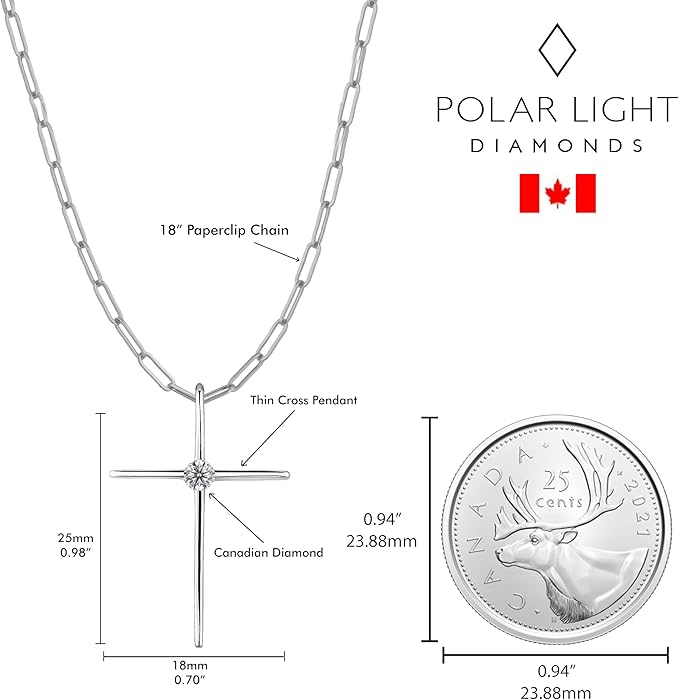 925 Sterling Silver 0.12 Ct Natural Canadian Diamond Solitaire Thin Cross Pendant & Paperclip Chain