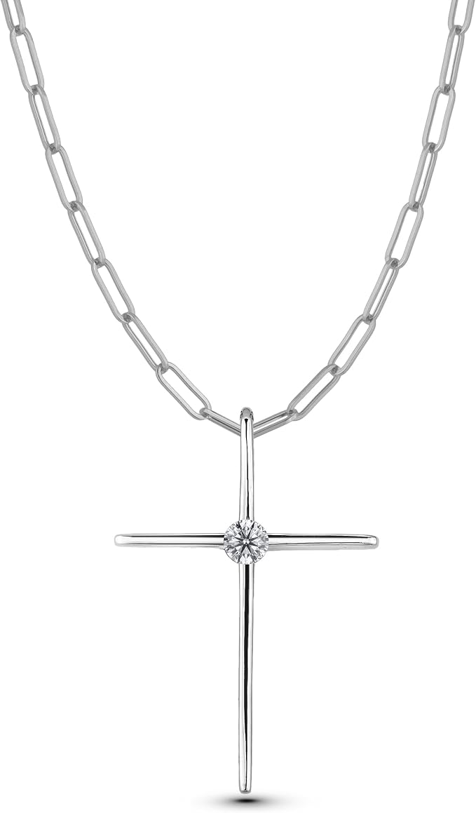 925 Sterling Silver 0.12 Ct Natural Canadian Diamond Solitaire Thin Cross Pendant & Paperclip Chain
