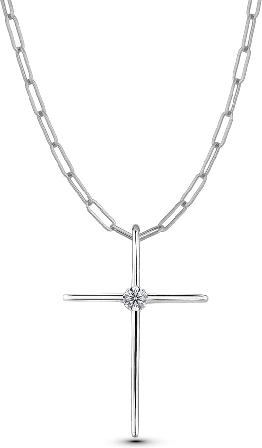 925 Sterling Silver 0.12 Ct Natural Canadian Diamond Solitaire Thin Cross Pendant & Paperclip Chain