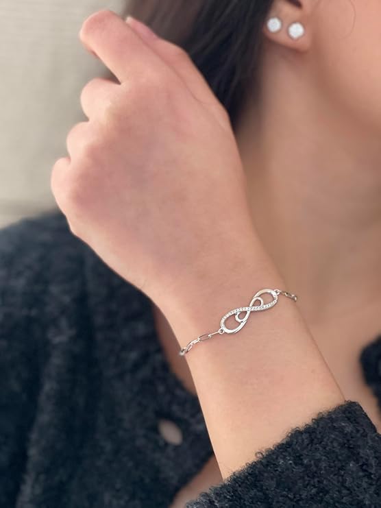 925 Sterling Silver 0.15 Ctw Natural Canadian Diamond and Infinity Symbol Chain Paperclip Bracelet