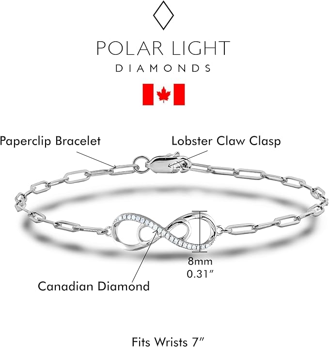 925 Sterling Silver 0.15 Ctw Natural Canadian Diamond and Infinity Symbol Chain Paperclip Bracelet