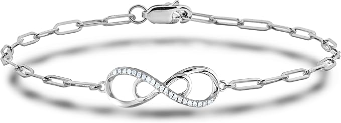925 Sterling Silver 0.15 Ctw Natural Canadian Diamond and Infinity Symbol Chain Paperclip Bracelet