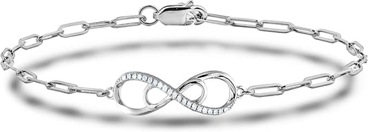 925 Sterling Silver 0.15 Ctw Natural Canadian Diamond and Infinity Symbol Chain Paperclip Bracelet