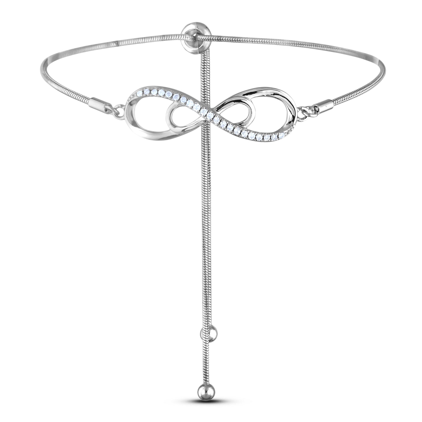 925 sterling silver bolo bracelet featuring a double infinity symbol centerpiece. The bigger infinity loop is accented with sparkling Canadian diamonds.
