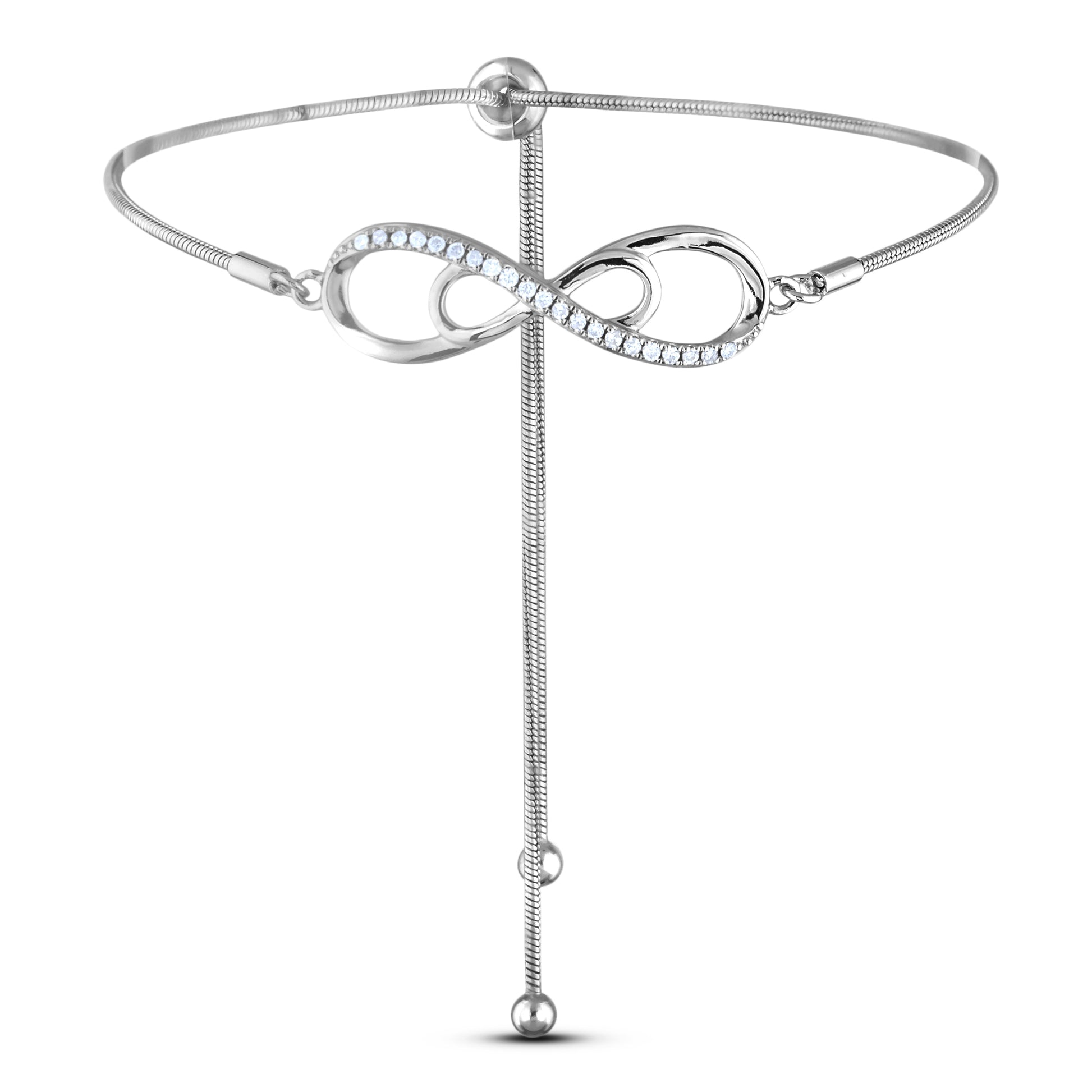 925 sterling silver bolo bracelet featuring a double infinity symbol centerpiece. The bigger infinity loop is accented with sparkling Canadian diamonds.