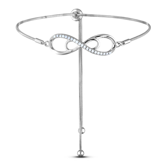 925 sterling silver bolo bracelet featuring a double infinity symbol centerpiece. The bigger infinity loop is accented with sparkling Canadian diamonds.