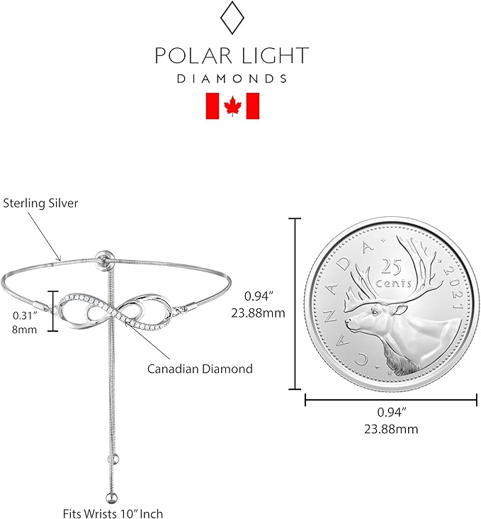 925 Sterling silver bolo bracelet with double infinity symbol and accented Canadian diamond details next to a Canadian quarter coin on a white background for size comparison, featuring Polar Light Diamonds branding.
