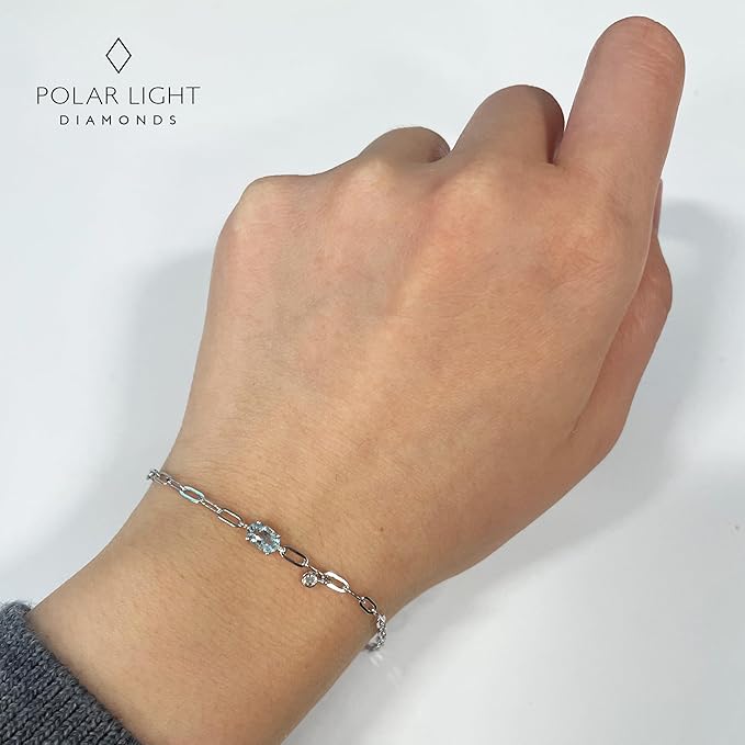 925 Sterling Silver 6x4MM Natural Aquamarine and Canadian Diamond Paperclip Bracelet