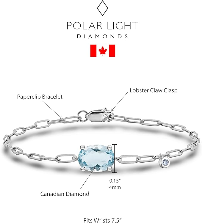925 Sterling Silver 6x4MM Natural Aquamarine and Canadian Diamond Paperclip Bracelet