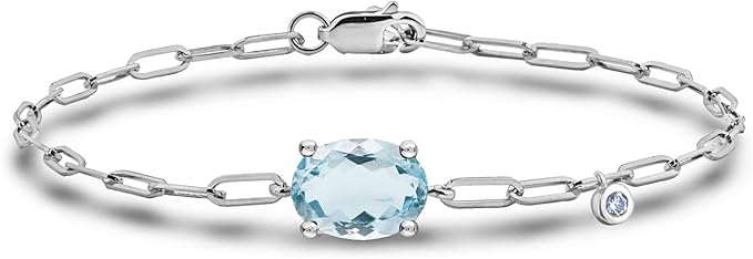 925 Sterling Silver 6x4MM Natural Aquamarine and Canadian Diamond Paperclip Bracelet