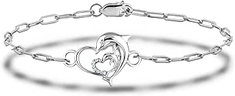 925 Sterling Silver Natural Canadian Diamond Dolphin Heart Paperclip Bracelet