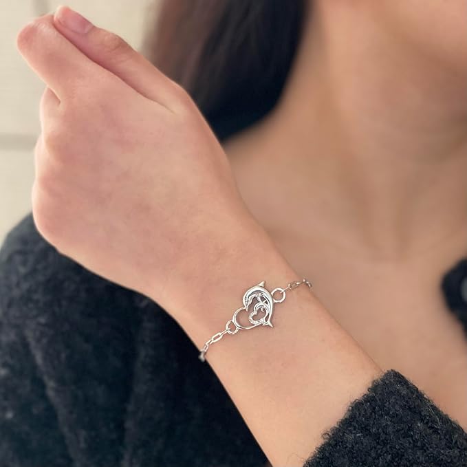 925 Sterling Silver Natural Canadian Diamond Dolphin Heart Paperclip Bracelet
