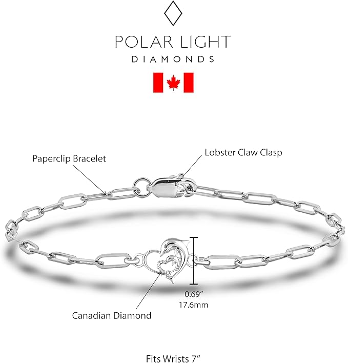 925 Sterling Silver Natural Canadian Diamond Dolphin Heart Paperclip Bracelet