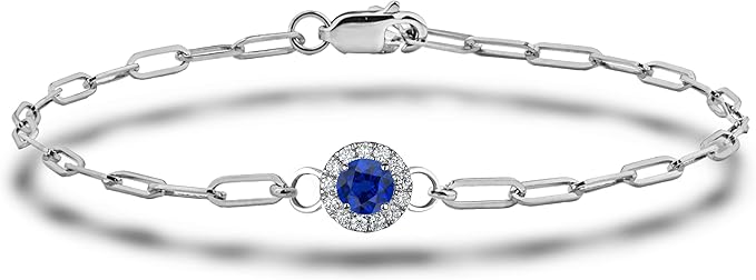 925 Sterling Silver Sapphire and Canadian Diamond Halo Paperclip Bracelet