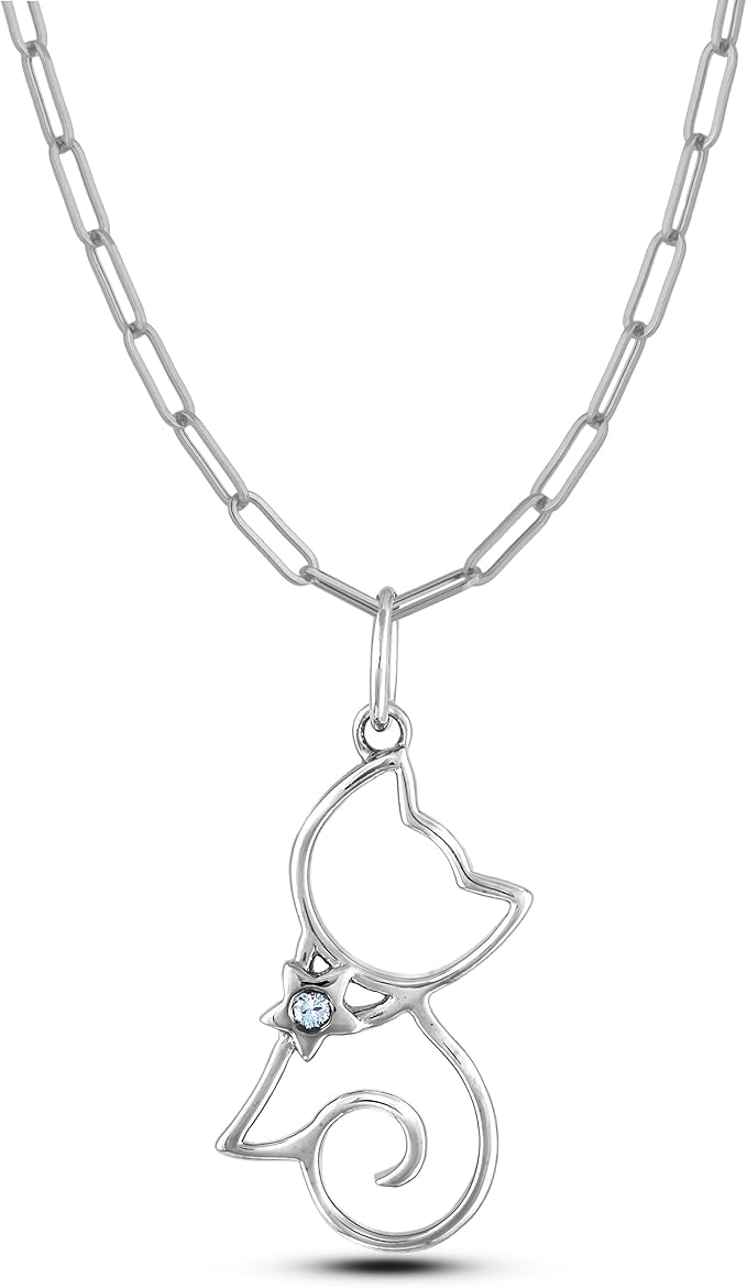 925 Sterling Silver 0.02 Ct Natural Canadian Diamond Cat Pendant & Paperclip Chain