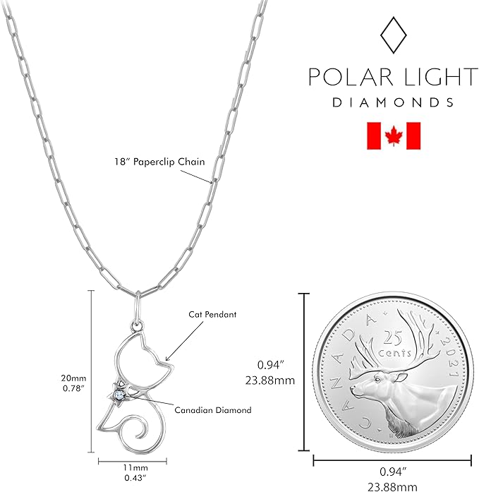 925 Sterling Silver 0.02 Ct Natural Canadian Diamond Cat Pendant & Paperclip Chain