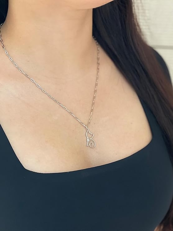 925 Sterling Silver 0.02 Ct Natural Canadian Diamond Cat Pendant & Paperclip Chain