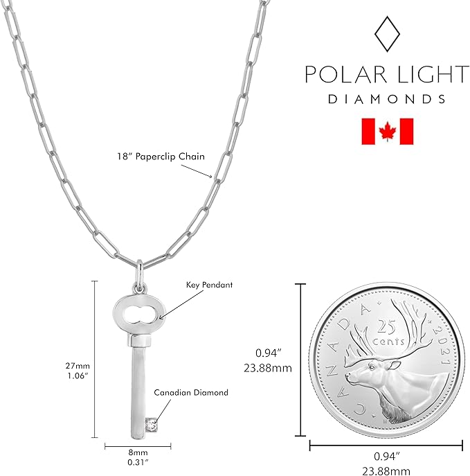 925 Sterling Silver 0.02 Ct Natural Canadian Diamond Key Pendant & Paperclip Chain