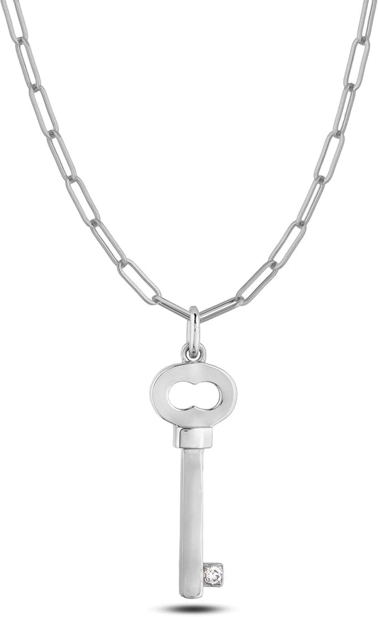 925 Sterling Silver 0.02 Ct Natural Canadian Diamond Key Pendant & Paperclip Chain