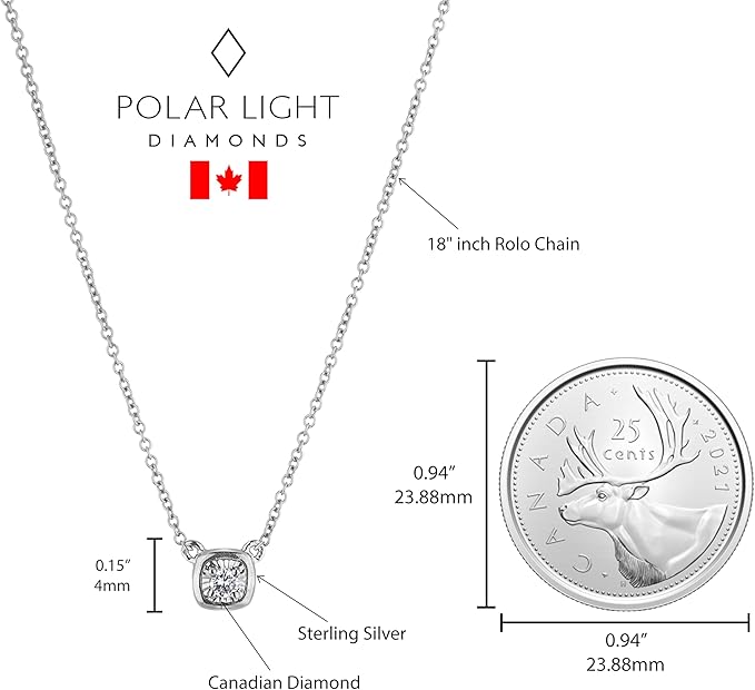 Polar Light Diamonds solitaire bezel set Canadian diamond necklace with measurements and a Canadian quarter coin for scale.