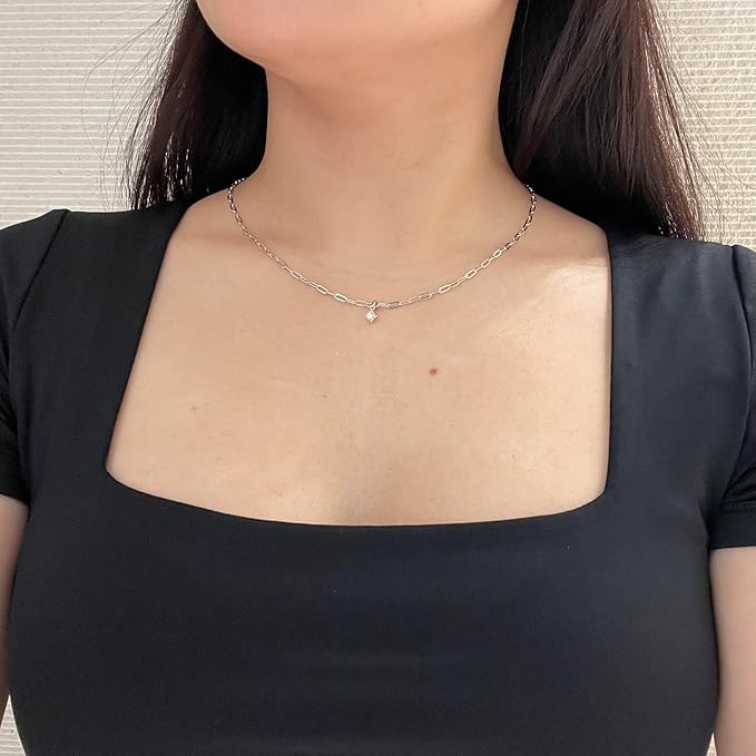 925 Sterling Silver 0.05 Ct Natural Canadian Diamond Miracle-Set Solitaire Pendant & Paperclip Chain