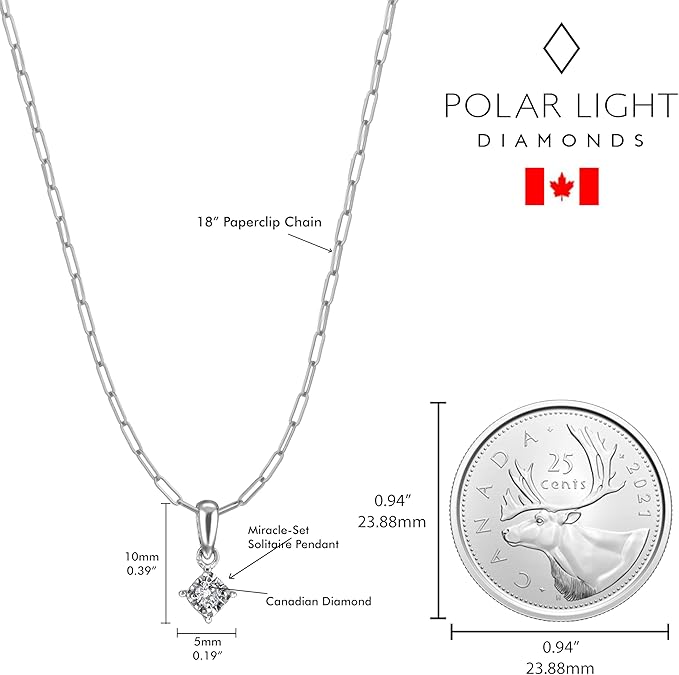 925 Sterling Silver 0.05 Ct Natural Canadian Diamond Miracle-Set Solitaire Pendant & Paperclip Chain