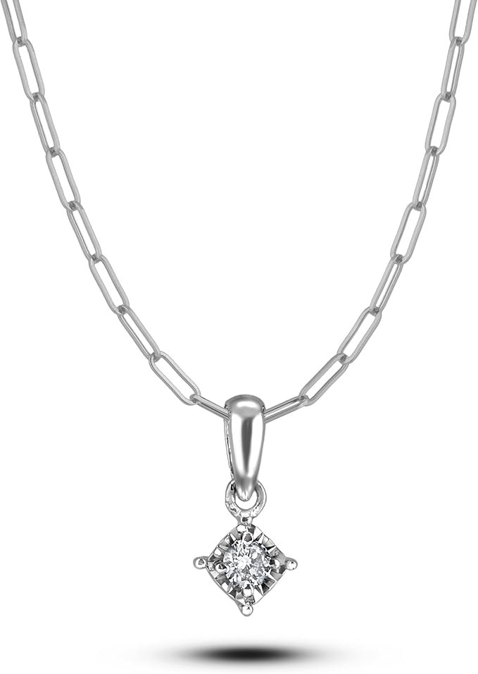 925 Sterling Silver 0.05 Ct Natural Canadian Diamond Miracle-Set Solitaire Pendant & Paperclip Chain
