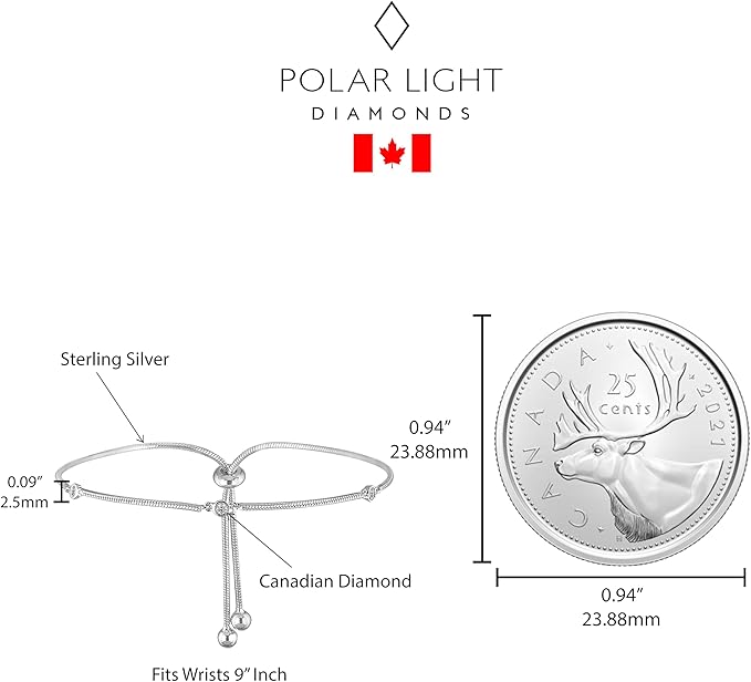 Size comparison of Canadian 25 cent quarter to a 925 sterling silver adjustable bolo bracelet, featuring a trilogy design with three bezel-set Canadian diamonds. Adjustable slide closure fits up to a 9-inch wrist size. 