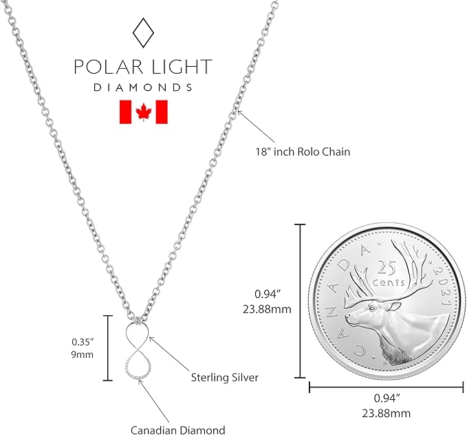 Size comparison chart for a Polar Light Diamonds Canadian diamond infinity necklace. The sterling silver infinity charm measures 9mm (0.35 inches) and is shown next to a 23.88mm Canadian quarter to demonstrate its scale. An 18-inch rolo chain is also labeled.