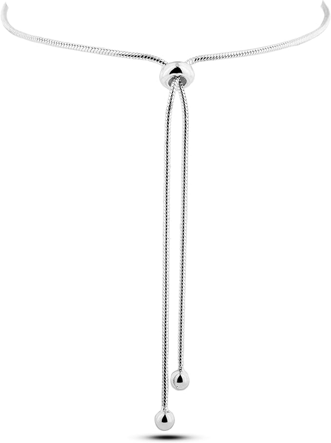 Silver bolo bracelet back design close up with adjustable chain on a white background