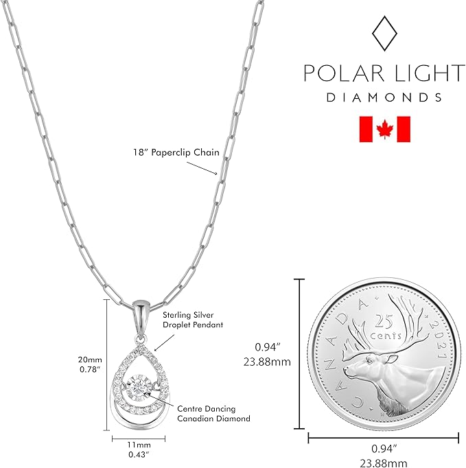 925 sterling silver paperclip necklace with teardrop design and miracle set center dancing Canadian diamond and Canadian quarter for size reference.