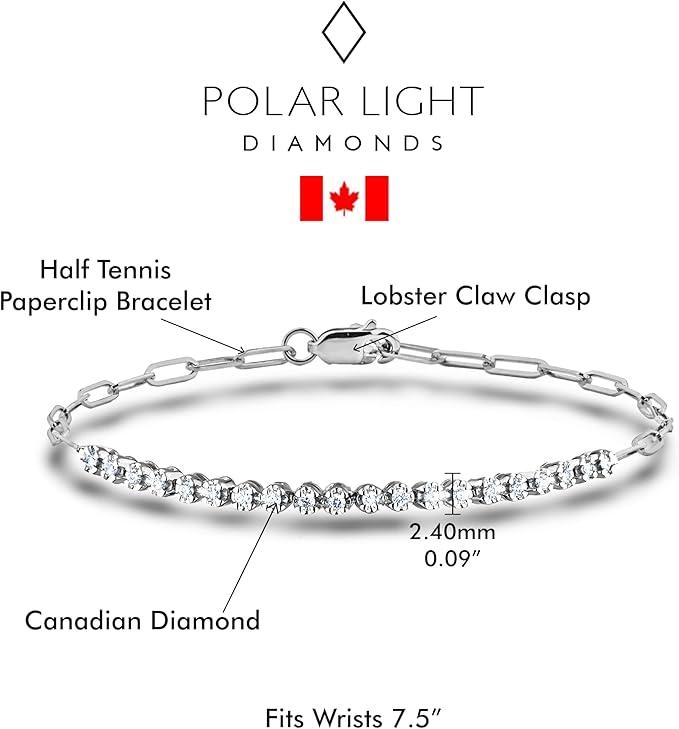 925 Sterling silver half tennis paperclip bracelet with lobster clasp featuring a 0.22 carat total weight Canadian diamonds, fits wrist size 7.5 inches.